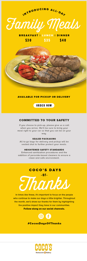 Email from Coco's promoting recently introduced "Family Meals" for pick up