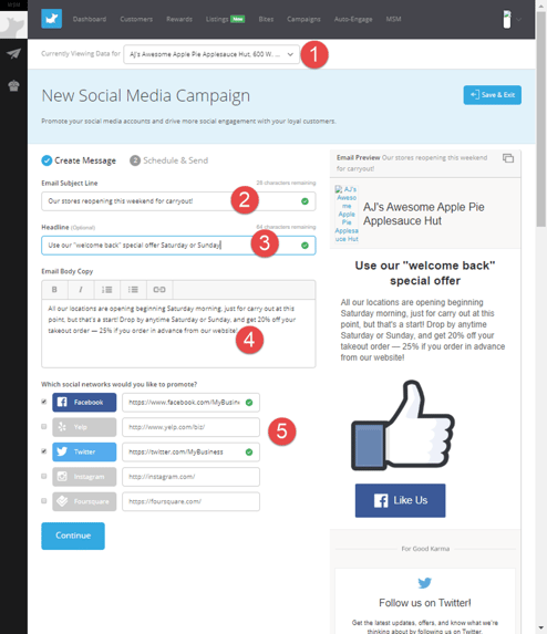 The Social Media Campaign page in the Belly Command Center